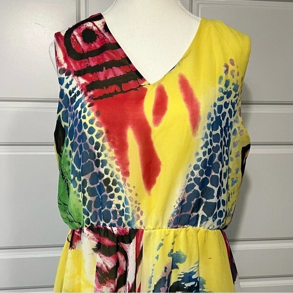 EY Signature Abstract Print Maxi Dress Colorful Sleeveless V Neck Flowy Size LG‎